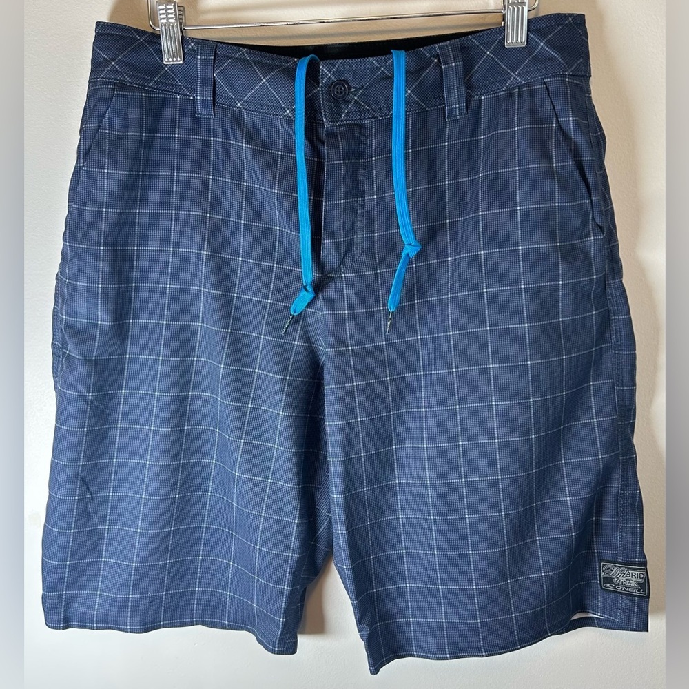 O’Neill Hybrid Mens Board Shorts Size 32 Blue Plaid Chino Swim Trunks EUC